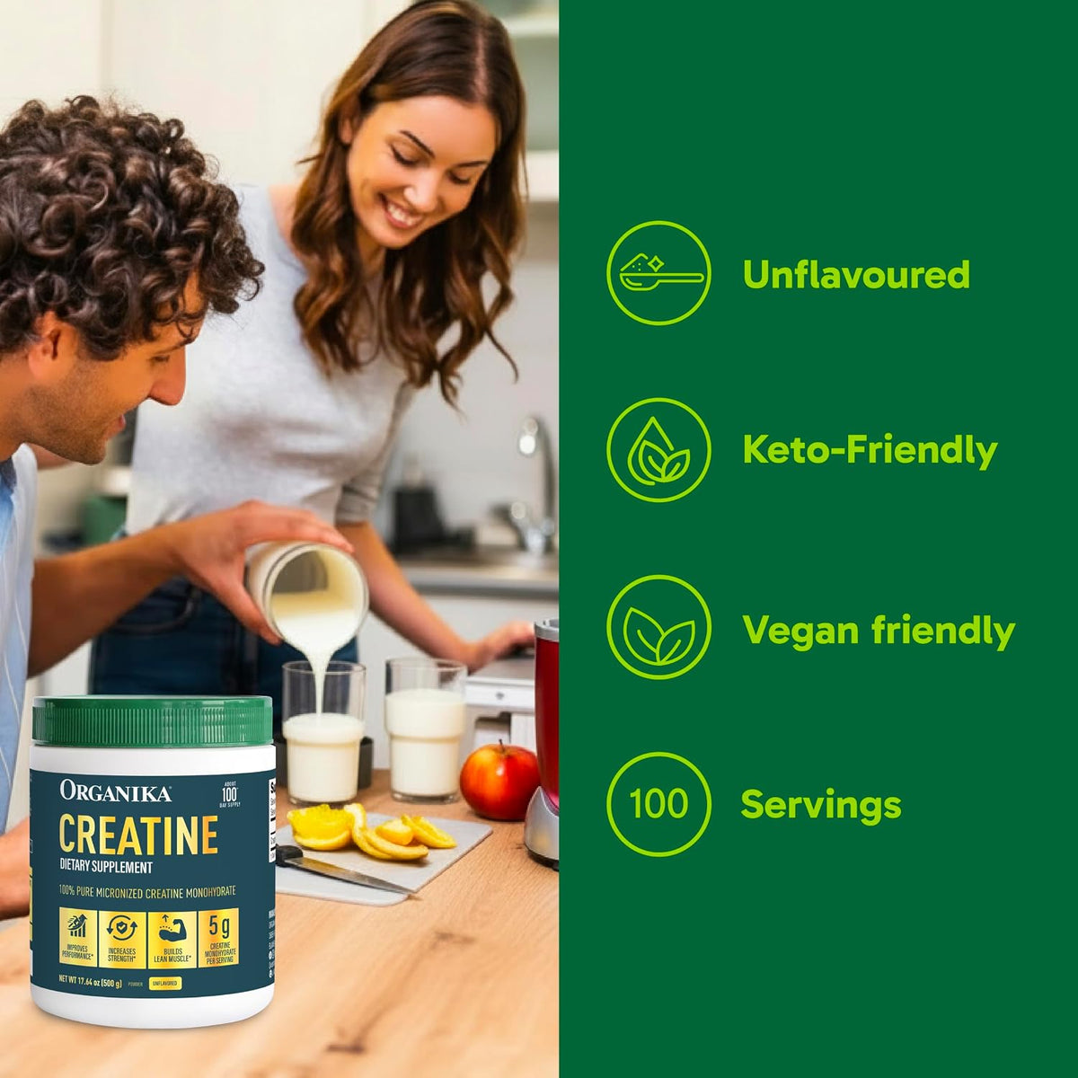 Organika Creatine Powder- 100% Pure Micronized Creatine Monohydrate - Helps Build Lean Muscle, Increase Strength, and Improved Recovery and Performance for Men and Women - 500g, 100 Servings