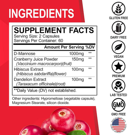 D Mannose Supplements for Women Pills - Natural D-Mannose 500mg Capsules, Cranberry DMannose Pills 1000mg Per Serving - Bladder Flush & Urinary Tract Cleanse Health Supplement - 120 Veg Capsules