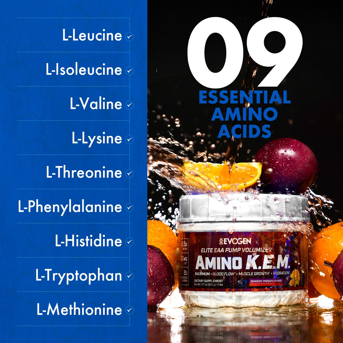 Evogen Amino K.E.M. EAA & BCAA | Tropic Thunder | 30 Servings | S7 nitric oxide blend with betaine anhydrous, coconut water and leucine for blood flow, muscle growth, hydration and recovery