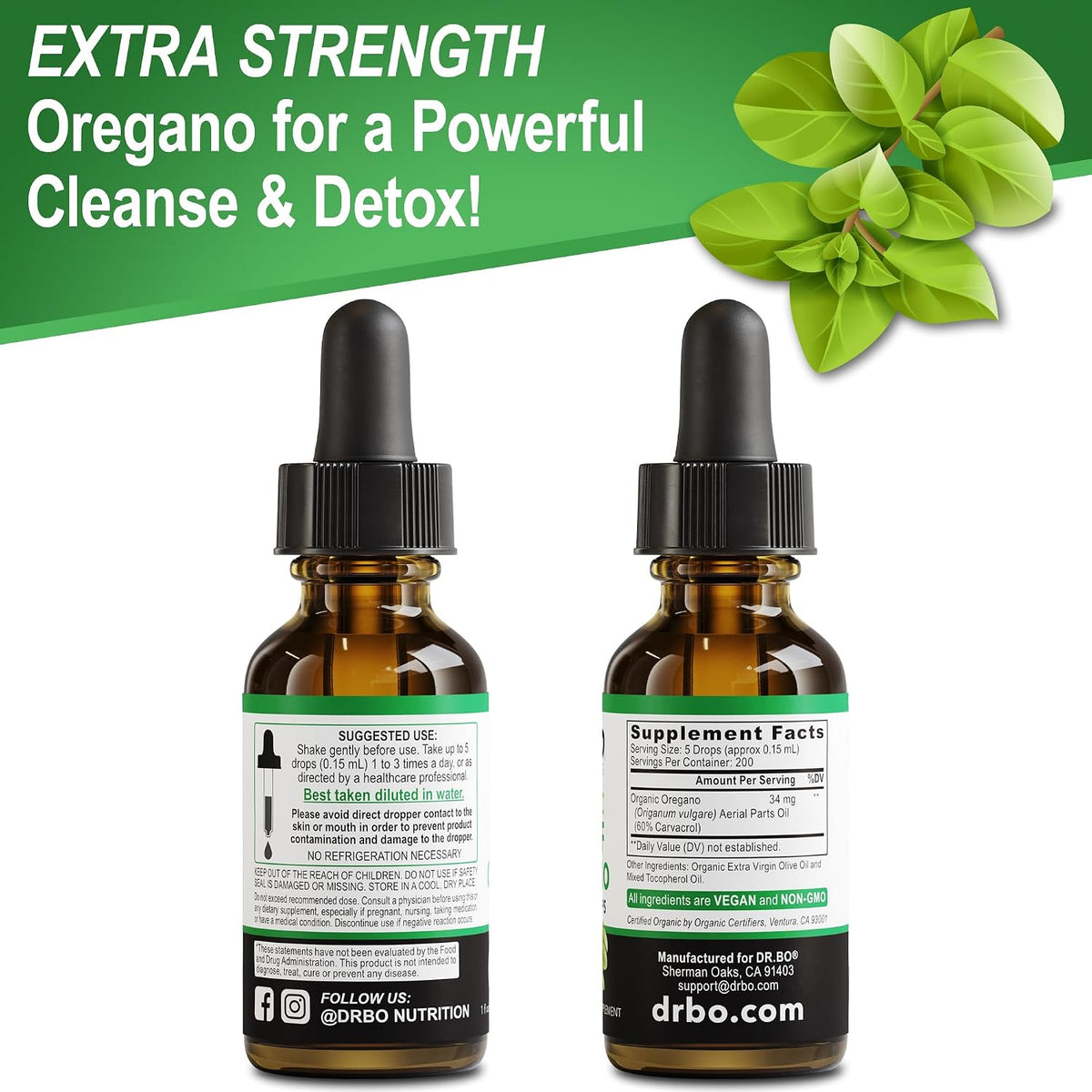 Oregano Oil Organic Liquid Drops - 6 Month Supply Organic Oil of Oregano Drops Liquid Tincture Extract, Cleanse, Detox, Immune Support, Digestive Gut Health - Pure Vegan Non-GMO Herbal Tincture 1 oz