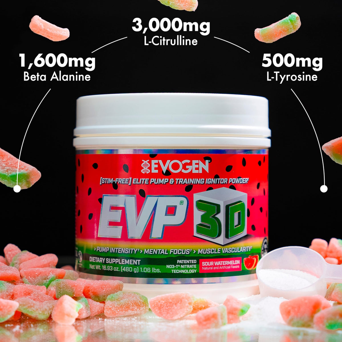 Evogen EVP 3D Stim Free Pre-Workout | Citrus Candy | 40 Servings | Arginine nitrate, L-citrulline, beta-alanine and creatine with lion's mane, L-tyrosine and DMAE for pumps and focus