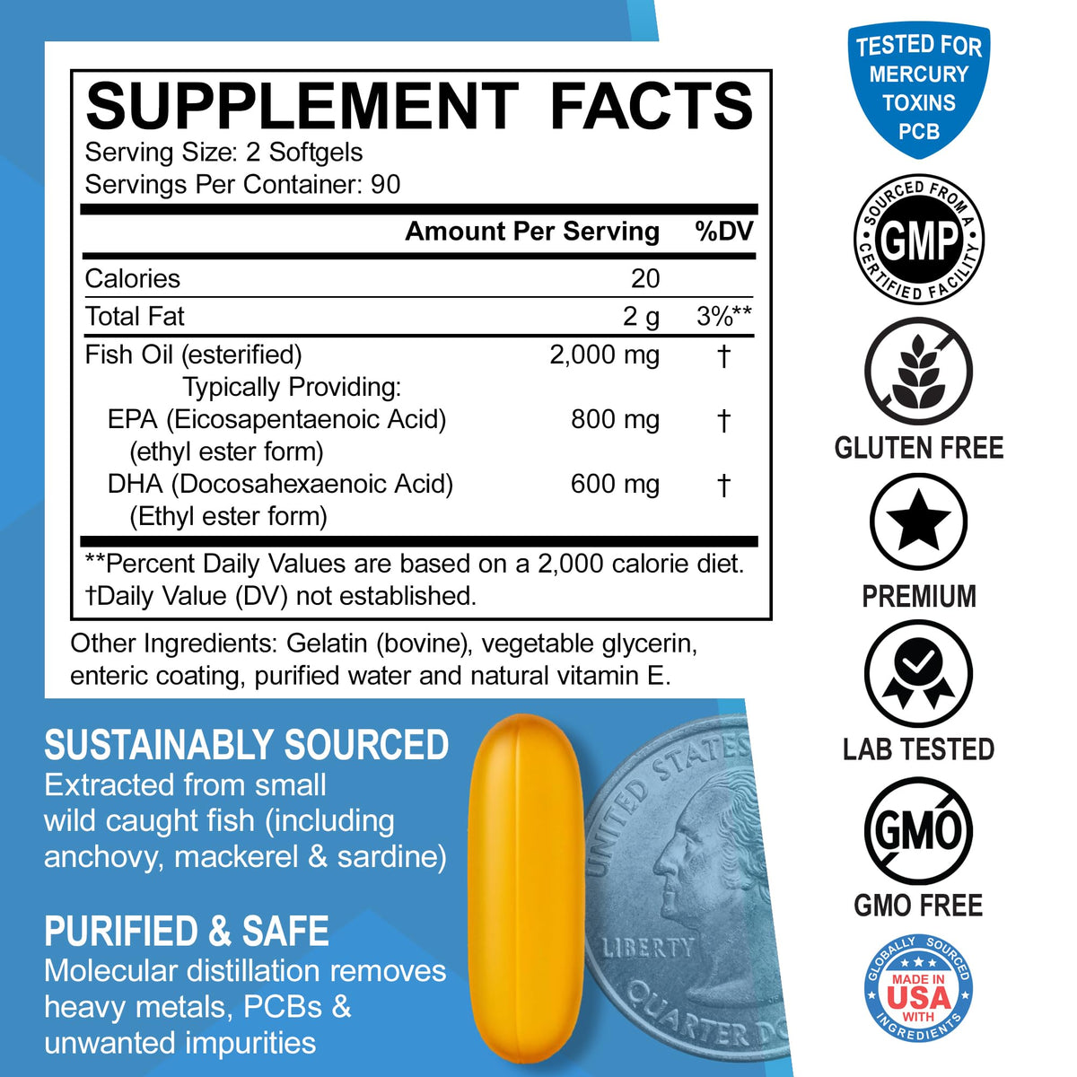 Omega 3 Fish Oil Supplements - Triple Strength Fish Oil Omega 3 Supplements 2000mg EPA DHA Women Men - Triple Strength Natural Omega3 Supplement 2000mg EPA DHA Fatty Acids 1000mg Burpless 60 Softgels