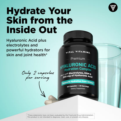 Vital Vitamins Hyaluronic Acid Supplements, 60 Capsules | 200mg Low Molecular Weight HA, Supports Skin Hydration, Elasticity & Joint Comfort, Vegan & Non-GMO