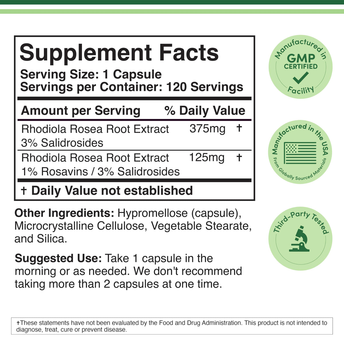 Rhodiola Rosea Supplement 500mg, 120 Vegan Capsules (Third Party Test, Gluten Free, 3% Salidrosides, 1% Rosavins Extract) for Performance, Calming, Motivation by Double Wood
