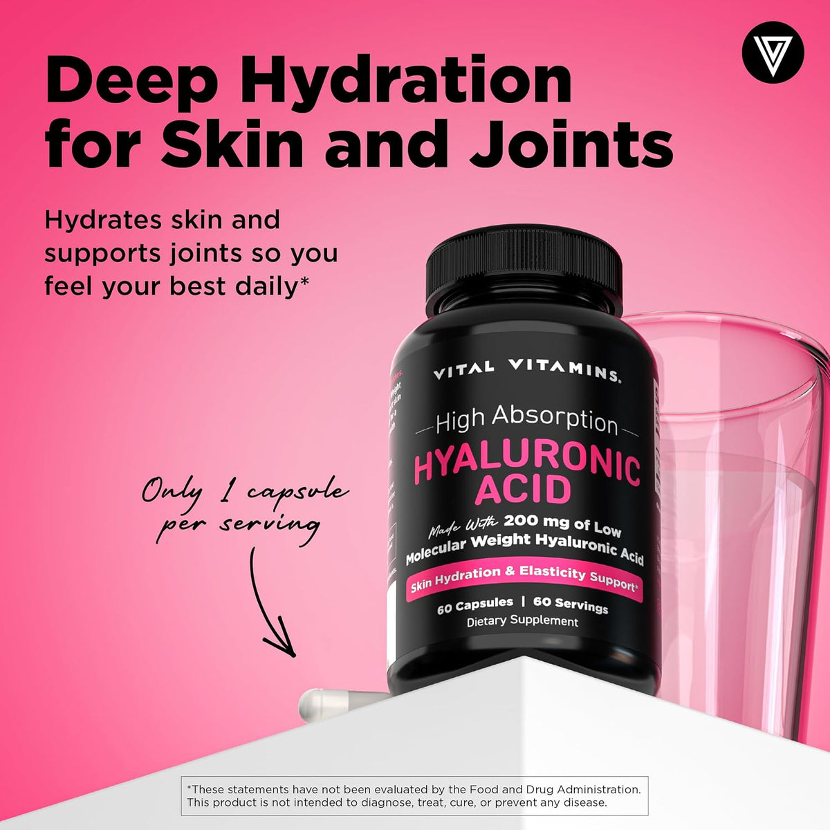Vital Vitamins Hyaluronic Acid Supplements, 60 Capsules | 200mg Low Molecular Weight HA, Supports Skin Hydration, Elasticity & Joint Comfort, Vegan & Non-GMO