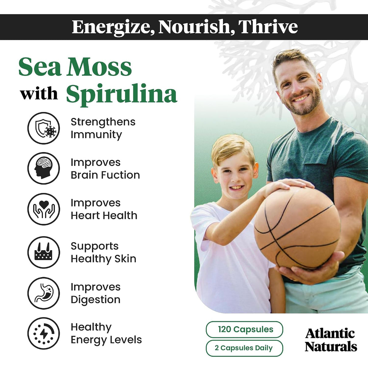 Atlantic Naturals Sea Moss Superfood Bundle - Sea Moss with Beet Root & Spirulina Capsules - Defense Support, Blood Flow, Joint Health & Iron - 240 Capsules (2 x 120 ct)