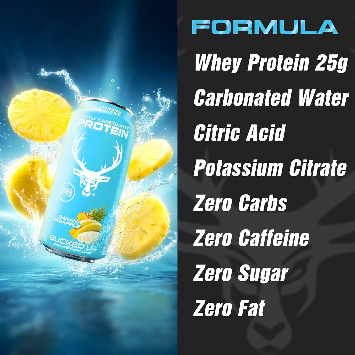 Bucked Up Lightly Carbonated Protein Soda | 25g Whey Isolate - Zero Sugar, Low Calorie, Caffeine Free, Clean Drink | Sparkling Protein Soda - 12 Pack, 16 oz Cans (Banana Pineapple)