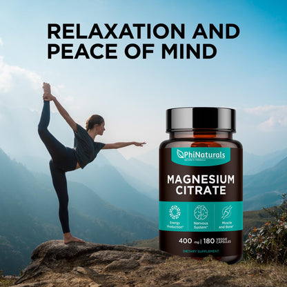 Magnesium Citrate Powder Capsules 400mg - 180 Count Veg Caps - PhiNaturals Supplements - Nervous System Support and Enzyme Function