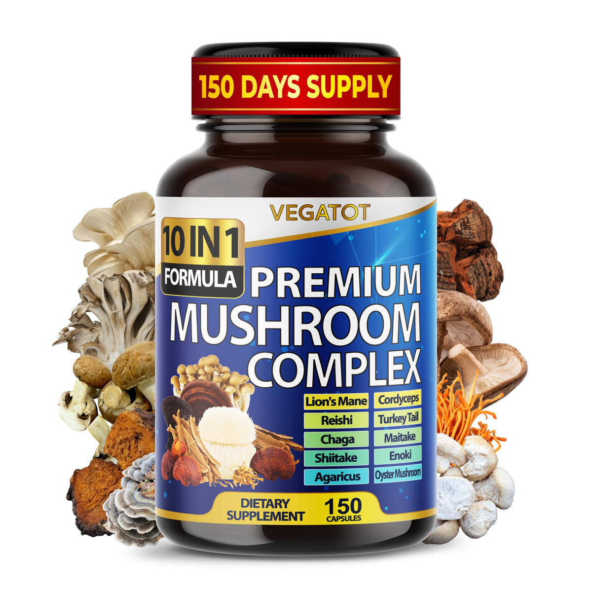 10 in 1 High Strength Mushroom Supplement - Lions Mane, Cordyceps, Reishi - Brain Supplements for Memory and Focus ** 5-Month Supply