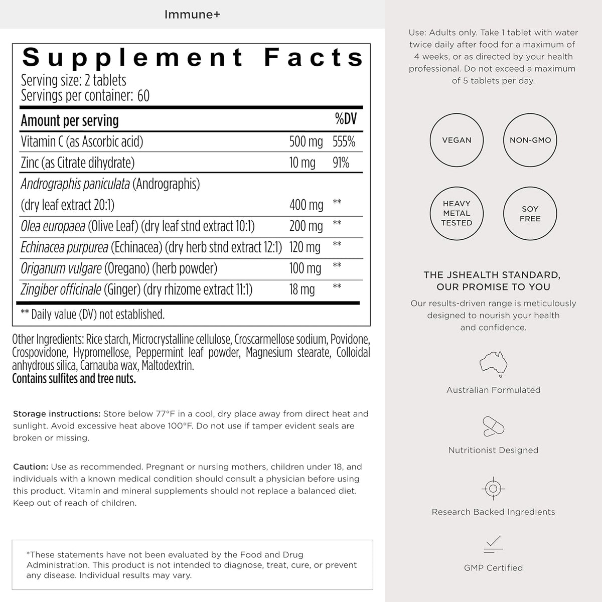 JSHealth Vitamins Immune + Immunity Booster Supplement, 60 Tablets | Made with with Zinc Vitamin C Echinacea and Olive Leaf Antioxidants
