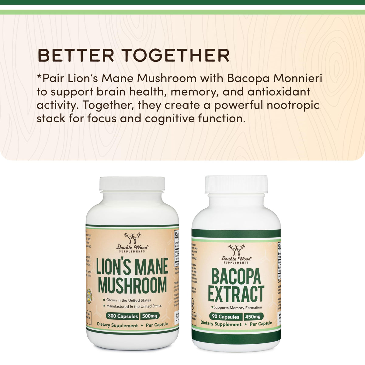 Organic Lions Mane Mushroom Capsules (120 Count), for Focus Support and Immune Health, Third Party Tested and Grown in The USA - by Double Wood
