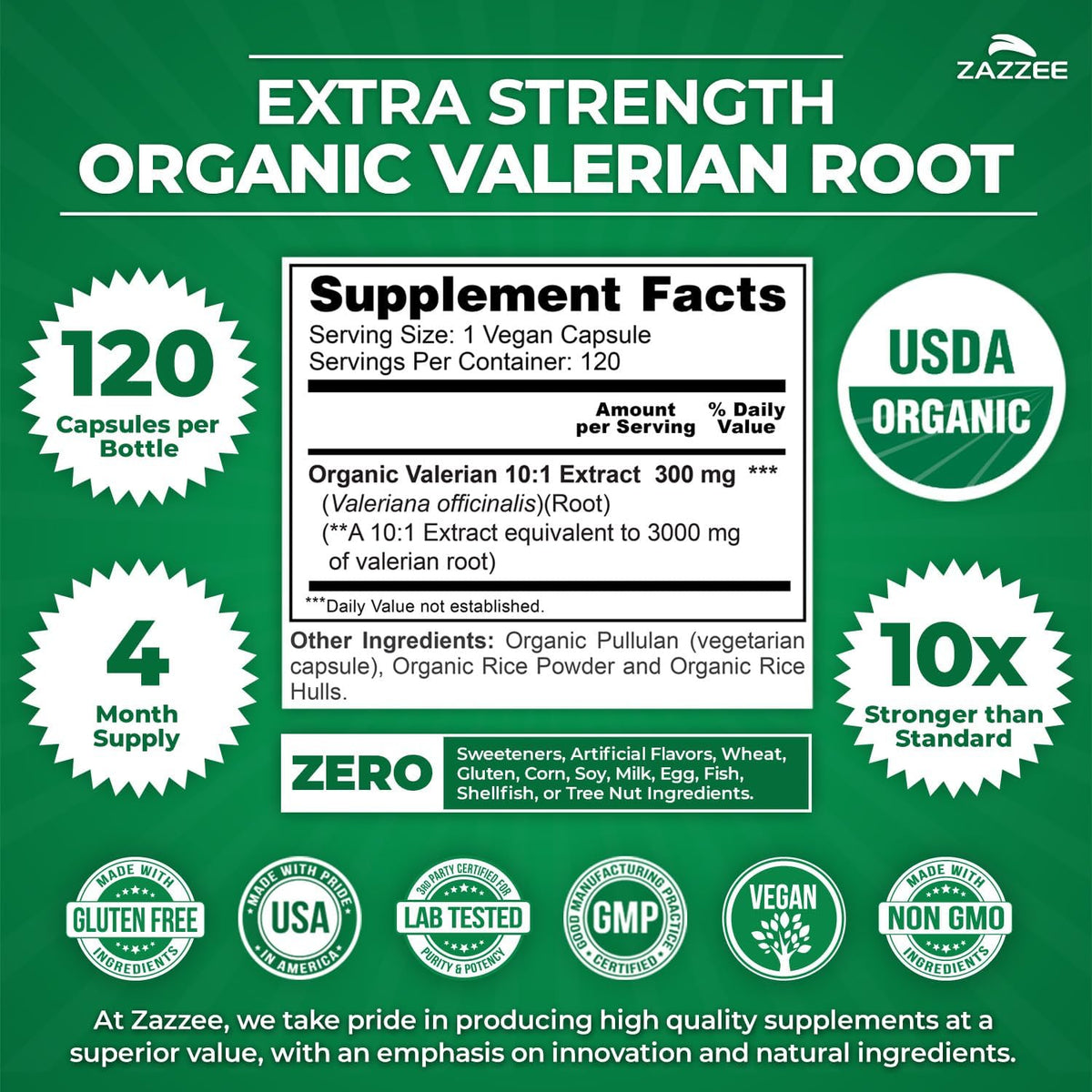 Zazzee USDA Organic Valerian Root 10:1 Extract, 120 Vegan Capsules, 4 Month Supply, Valeriana Officinalis, Relaxation, Calm & Mood Support, All-Natural, Non-GMO, Made in the USA