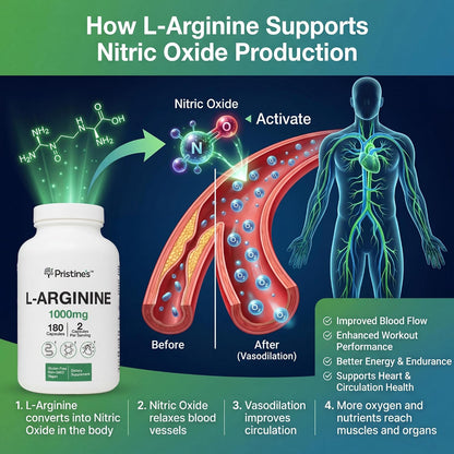 PRISTINE'S L-Arginine 1000mg Capsules, Nitric Oxide Blood Flow Support | Pre-workout amino acid support for blood flow and nitric oxide production. 90 day supply, vegan, non-GMO, gluten-free