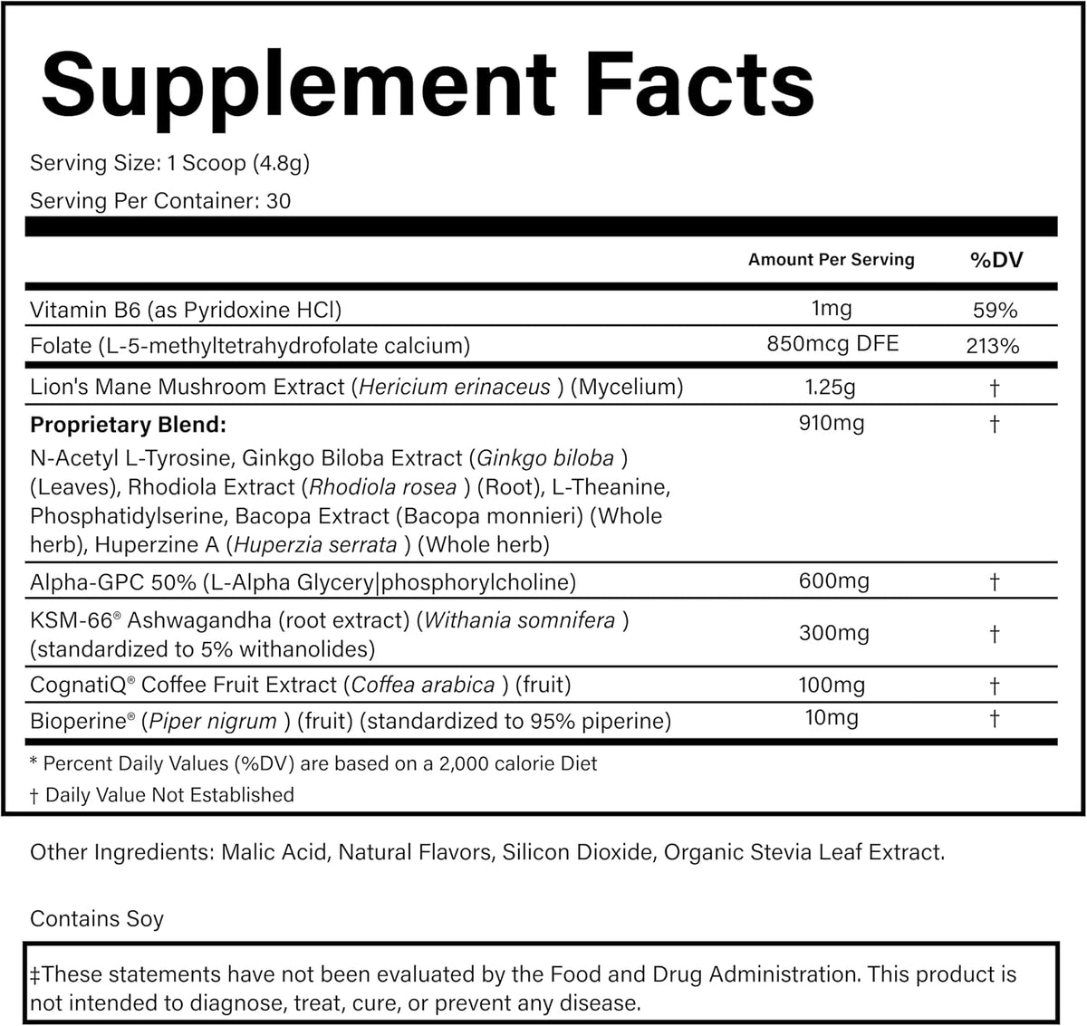 PURE® Healthy Brain Nootropic Powder - 30 Servings - 1.25g Lion’s Mane, 600mg Alpha-GPC & KSM-66® Ashwagandha - Cognitive Support for Memory, Focus & Stress Relief - 144 Grams, Mango Flavor!