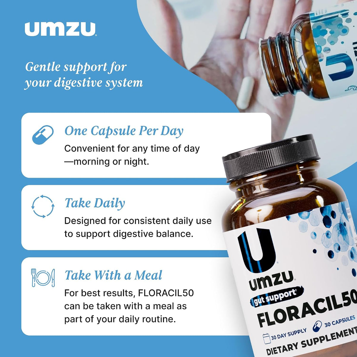 UMZU Floracil50 Probiotic Supplement, 50 Billion CFU, 30 Day Supply | Lactobacillus Acidophilus, Rhamnosus and Plantarum, Gut Health and Digestion Support, Immune Support, Microbiome Balance