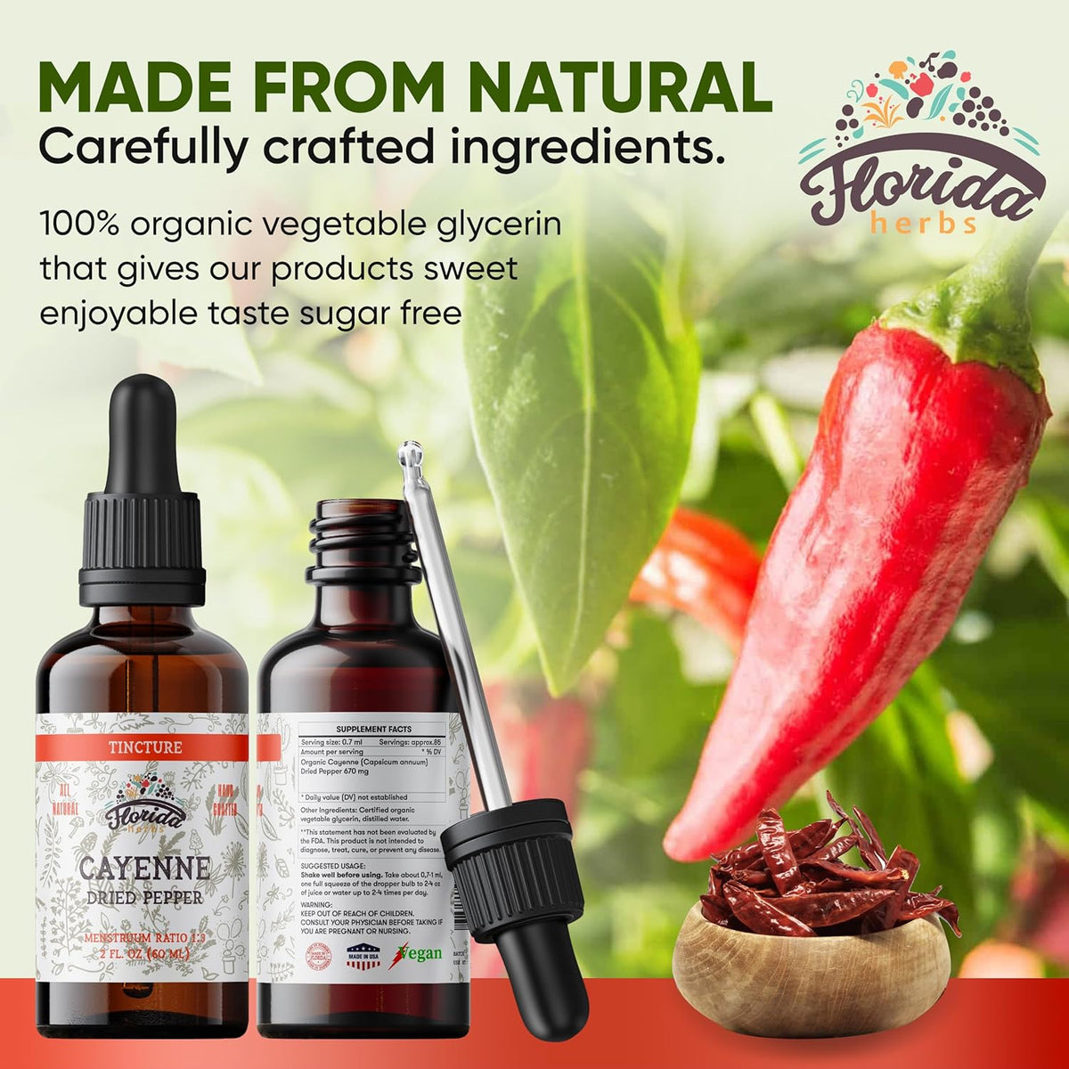 Cayenne Tincture Extract, Organic Cayenne (Capsicum annuum) Dried Pepper - Vegetable Glycerin - Non-GMO - 2 oz