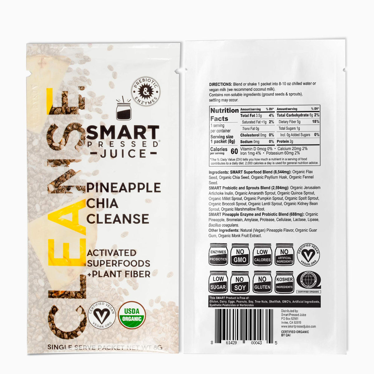 SMART Pressed Juice Pineapple Chia Cleanse | Prebiotic Superfood Plant Based Fiber with Vegan Probiotics & Enzymes | Pineapple Juice Cleanse for Women & Men | 30 Servings