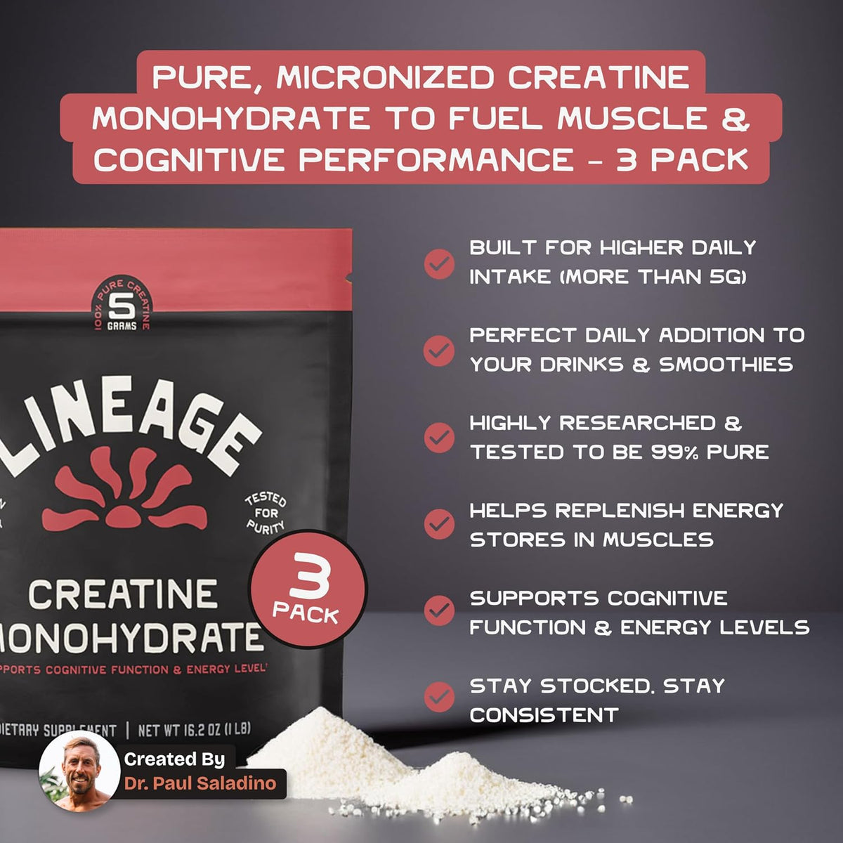 Lineage Provisions Creatine Monohydrate with Sea Salt, Bulk 3-Pack | Micronized creatine powder, unflavored creatine supplement for men & women, easy mix, 90 servings each.
