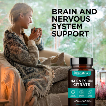 Magnesium Citrate Powder Capsules 400mg - 180 Count Veg Caps - PhiNaturals Supplements - Nervous System Support and Enzyme Function