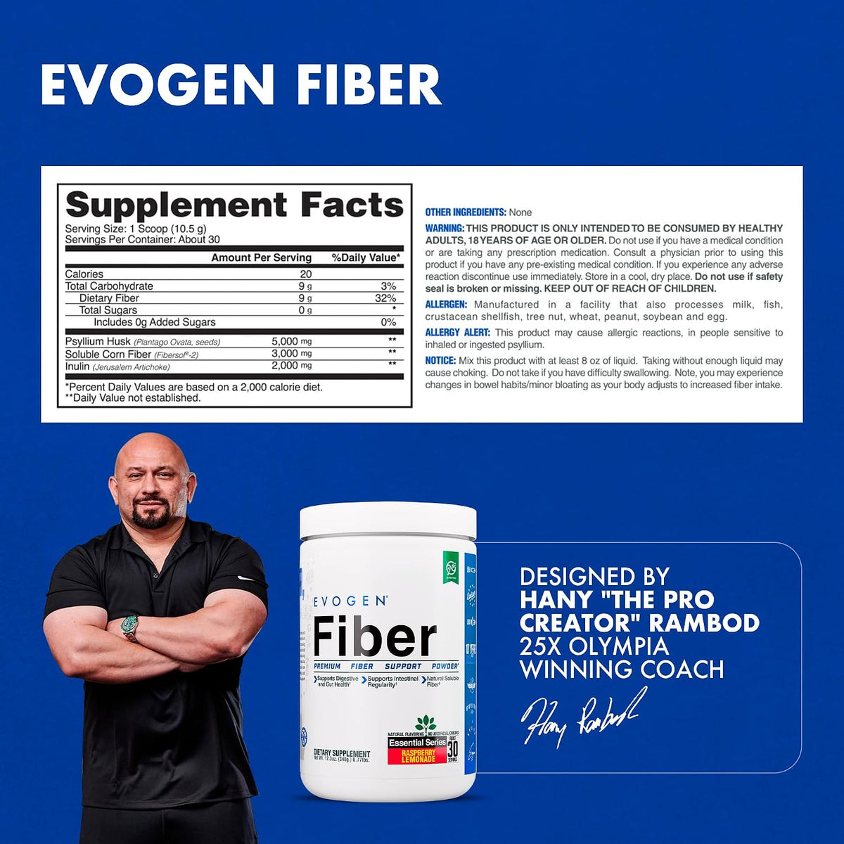 Evogen Fiber Powder | Gut Health | Natural Raspberry Lemonade | 30 Servings | Psyllium husk, inulin and digestion-resistant maltodextrin to ease bloating and support regularity; keto, low-carb friendly
