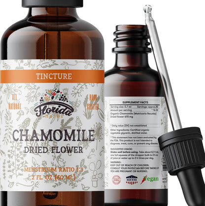 Chamomile Tincture, Organic Chamomile Extract (Matricaria Recutita) Dried Flowers, Non GMO Gluten Free in Cold-Pressed Organic Vegetable Glycerine 670 mg 2 Oz (60 ml)