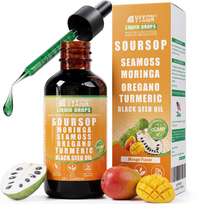 Soursop Bitters Liquid Drops 10 in 1 with Sea Moss, Moringa, Turmeric, Black Seed Oil, Oregano, Ashwagandha | Herbal Extracts for Overall Health-Enhancing |Vegan, Non-GMO| 2 Fl Oz(Mixed Berry Flavor)