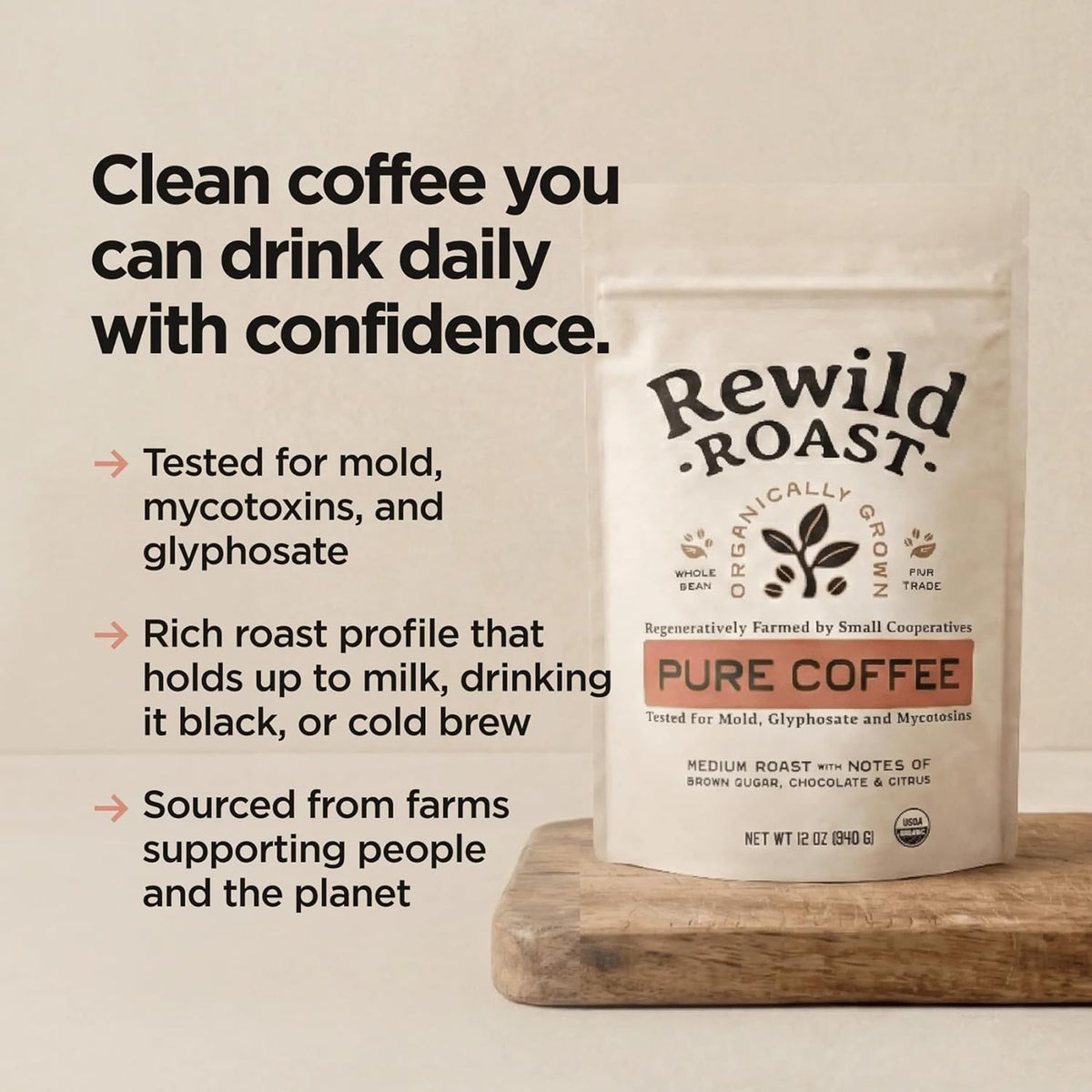 Lineage Provisions Rewild Roast Coffee, 12 oz Whole Beans | Organic whole coffee beans, Arabica medium roast with brown sugar, dark chocolate, toasted walnut, and citrus.