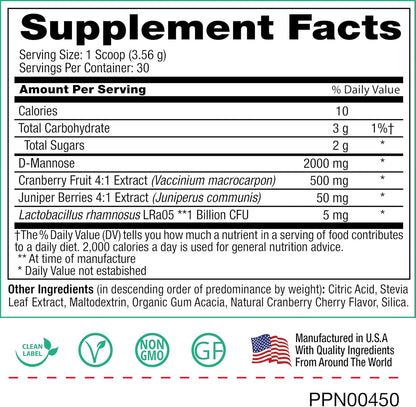 Peak Urinary Tract Supplement Powder - Cranberry and D-Mannose Powder with Juniper Berries and Probiotics for Urinary Tract Health, Ph Balance, UTI Defense - Vegan, Gluten Free (30 Day Supply)