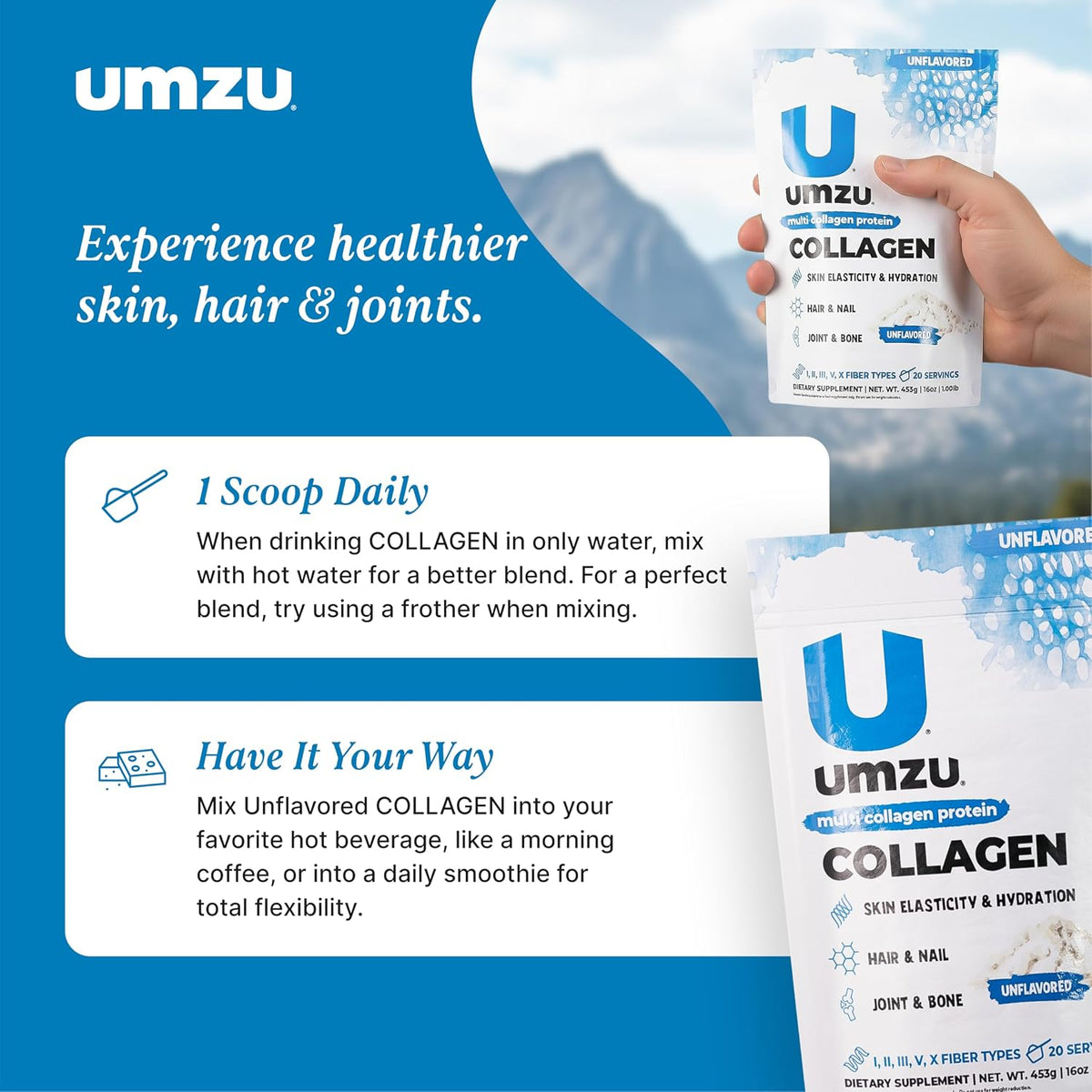 UMZU zuCollagen Collagen Peptides Powder, Unflavored | 5 Collagen Types I, II, III, V and X, Hydrolyzed Collagen Peptides, Hair, Skin, Joint and Daily Recovery Support