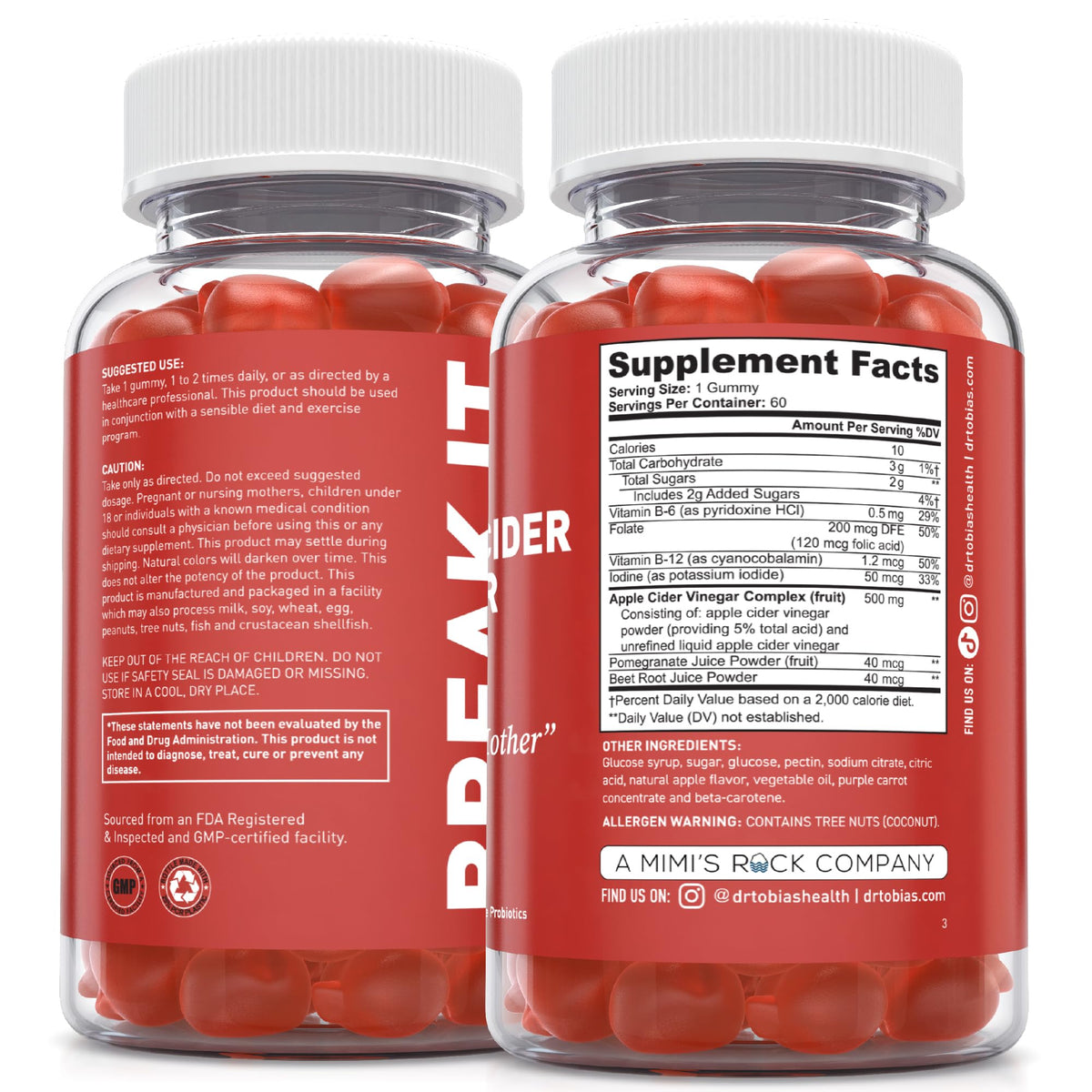 Dr. Tobias Apple Cider Vinegar Gummies with The Mother 60 Count | Digestive & Daily Wellness Support | 500 mg ACV | Folate + B6 + B12 + Iodine | Vegan | 30 Servings