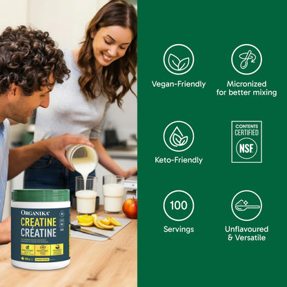 Organika Creatine Powder- 100% Pure Micronized Creatine Monohydrate - Helps Build Lean Muscle, Increase Strength, and Improved Recovery and Performance for Men and Women - 500g, 100 Servings