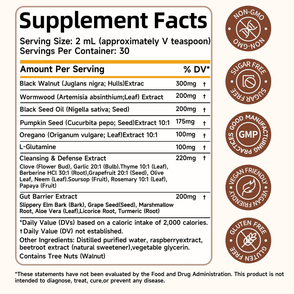 Wormwood Black Walnut Clove Cleanse Drops with Black Seed Oil, Pumpkin Seed, Oregano, Soursop, Neem, Berberine, Garlic, Rapid Gut Detox, Digestive & Gut Barrier Health, 23-in-1 with Liposomal, 2FL