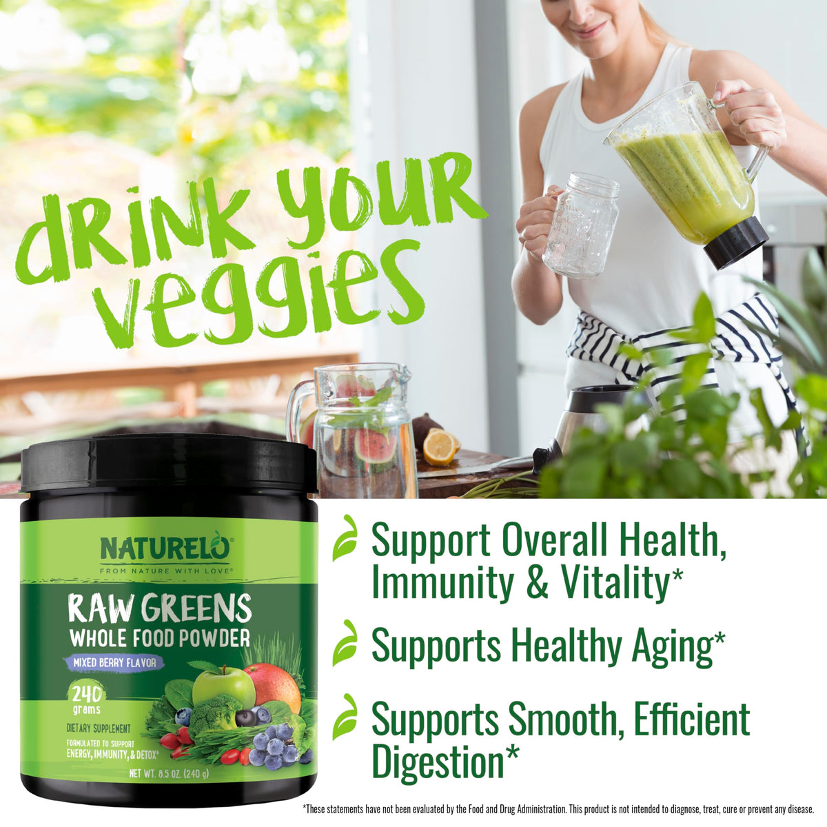 NATURELO Raw Greens Superfood Powder 480 Grams, Mixed Berry - Supports Energy, Immunity and Detox - Includes Spirulina, Wheat Grass and Organic Greens for Whole Food Nutrition