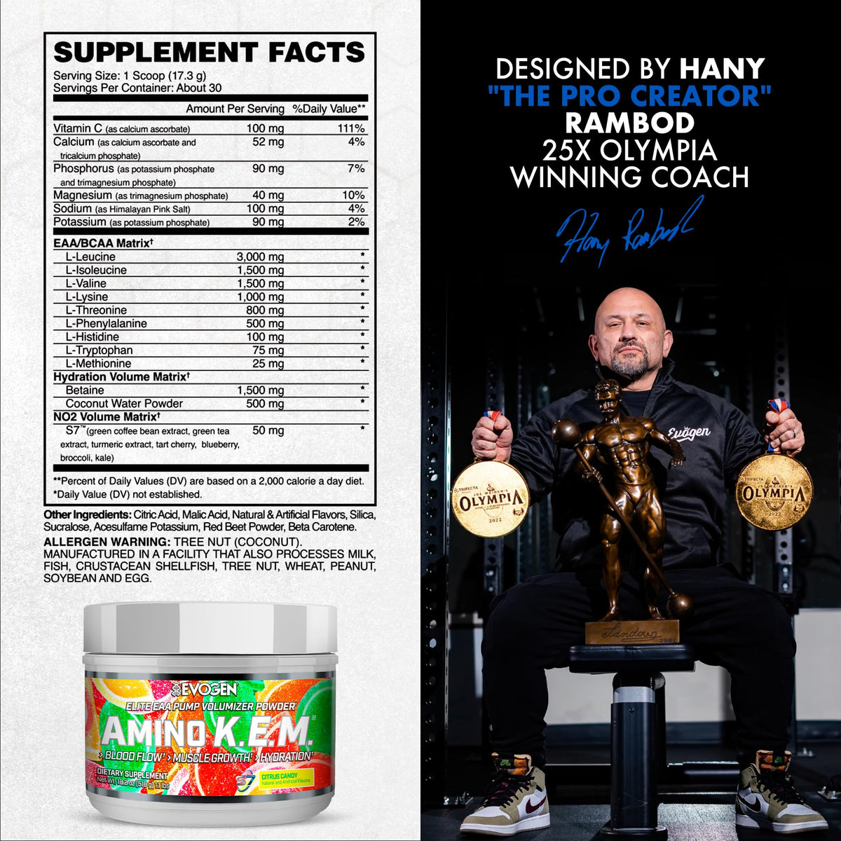 Evogen Amino K.E.M. EAA & BCAA | Tropic Thunder | 30 Servings | S7 nitric oxide blend with betaine anhydrous, coconut water and leucine for blood flow, muscle growth, hydration and recovery