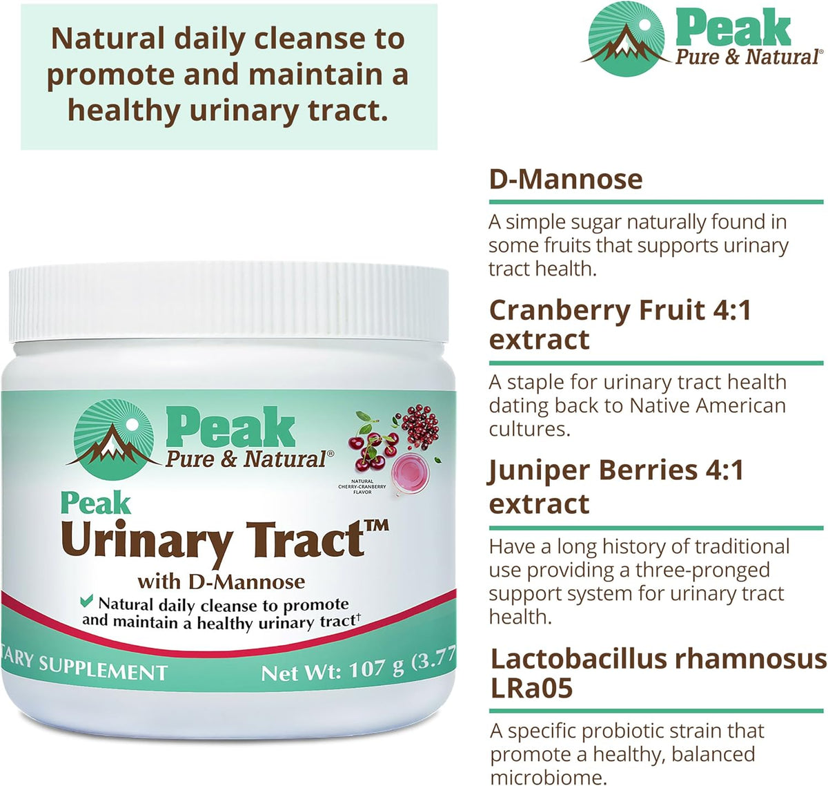 Peak Urinary Tract Supplement Powder - Cranberry and D-Mannose Powder with Juniper Berries and Probiotics for Urinary Tract Health, Ph Balance, UTI Defense - Vegan, Gluten Free (30 Day Supply)