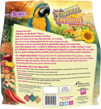 F.M. Brown's Tropical Carnival, Gourmet Macaw Food Big Bites for Big Beaks, Vitamin-Nutrient Fortified Daily Diet with Probiotics for Digestive Health, 5 lb
