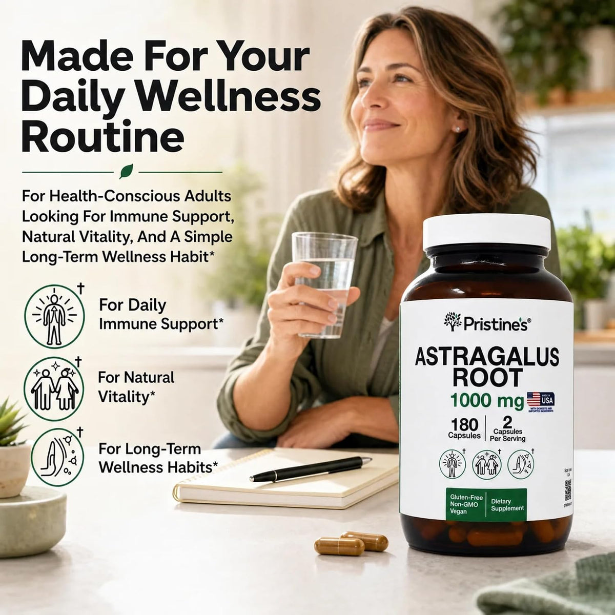 PRISTINE'S Astragalus Root 1000mg Capsules, Adaptogen, Vegan, 90 Day Supply | Lung health support from an herbal adaptogen used in Traditional Chinese medicine. 90 day supply, vegan, non-GMO, gluten-free