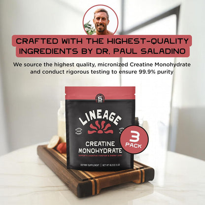 Lineage Provisions Creatine Monohydrate with Sea Salt, Bulk 3-Pack | Micronized creatine powder, unflavored creatine supplement for men & women, easy mix, 90 servings each.