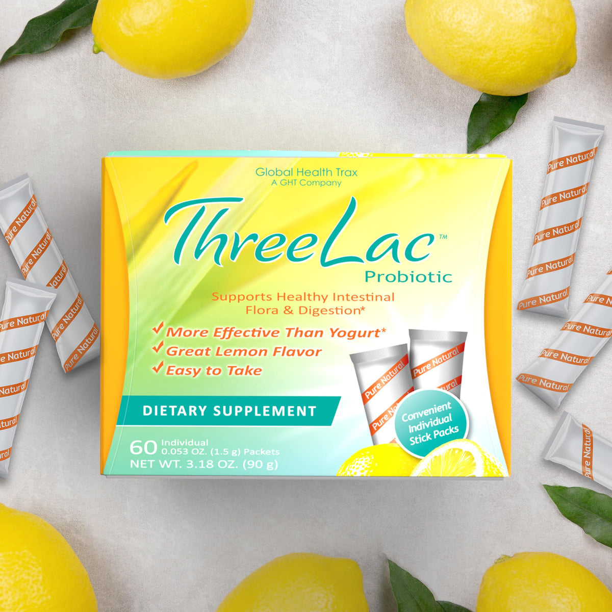 Global Health Trax GHT - ThreeLac Lemon Probiotic Drink Mix for Digestive Health - Advanced Probiotic Powder Formula for Men, Women & Kids - Immune Support & Gut Balance, Non-GMO - 60 Packets
