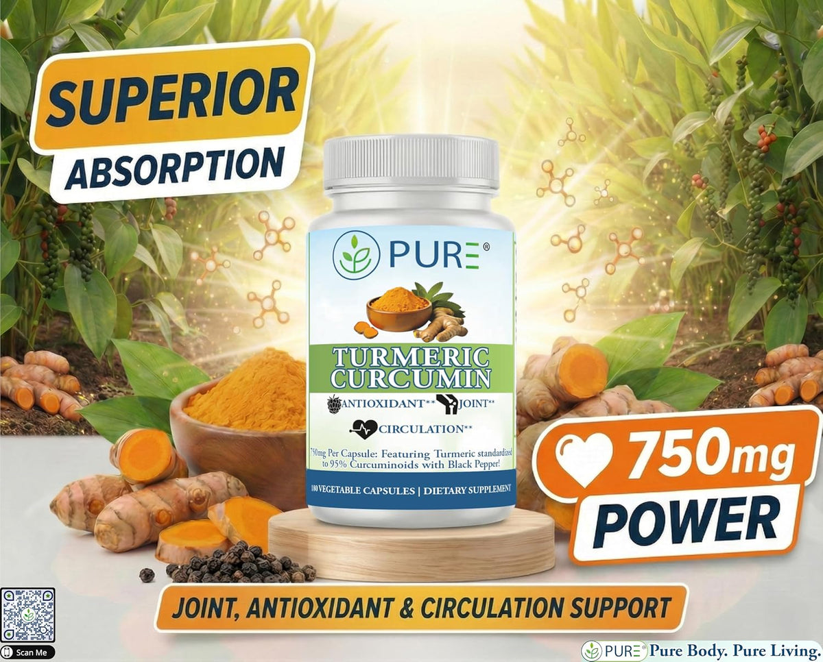 PURE® Turmeric Curcumin 750 mg - 180 Vegetable Capsules - Standardized to 95% Curcuminoids with BioPerine Black Pepper Extract - Antioxidant & Metabolic Support - Non-GMO, Made in USA