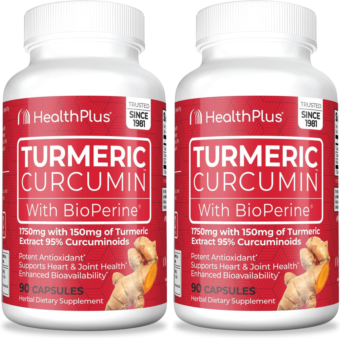 Health Plus Turmeric Curcumin with BioPerine, 90 Capsules, 30 Servings | 150mg Turmeric Extract 95% Curcuminoids with BioPerine, no preservatives; supports joint health and antioxidant protection