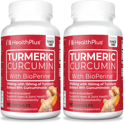 Health Plus Turmeric Curcumin with BioPerine, 90 Capsules, 30 Servings | 150mg Turmeric Extract 95% Curcuminoids with BioPerine, no preservatives; supports joint health and antioxidant protection