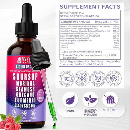Soursop Bitters Liquid Drops 10 in 1 with Sea Moss, Moringa, Turmeric, Black Seed Oil, Oregano, Ashwagandha | Herbal Extracts for Overall Health-Enhancing |Vegan, Non-GMO| 2 Fl Oz(Mixed Berry Flavor)