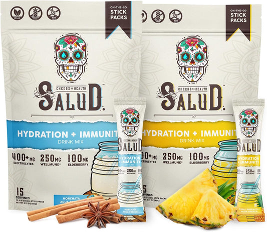 Salud 2-Pack | 2-in-1 Hydration + Immunity (Horchata) & Hydration + Immunity (Pineapple) – 15 Servings Each, Agua Fresca Drink Mix, Non-GMO, Gluten Free, Vegan, Low Calorie, 1g of Sugar