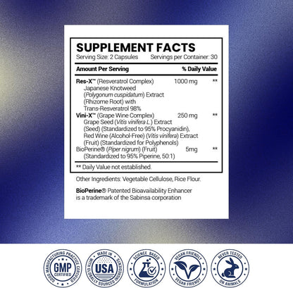Research Verified Resveratrol - 98% Trans-Resveratrol 1000 mg, Anti-Aging Support - 60 Capsules per Bottle - 3 Bottles