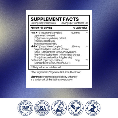 Research Verified Resveratrol - 98% Trans-Resveratrol 1000 mg, Anti-Aging Support - 60 Capsules per Bottle - 3 Bottles