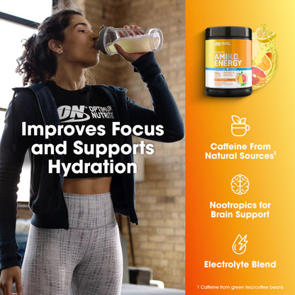 Optimum Nutrition, Amino Energy Powder Plus Focus, with Bcaa, Electrolytes, and Caffeine, Watermelon, 30 Servings | Contains BCAAs, Electrolytes, 100 mg Caffeine, 5g Amino Acids, Zero Sugar, Supports Hydration, Banned Substance Tested