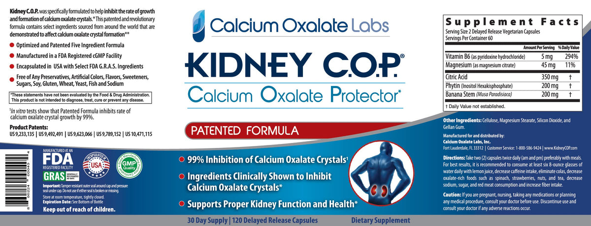 KIDNEY C.O.P. Calcium Oxalate Protector 120 Capsules, Patented Kidney Support for Calcium Oxalate Crystals, Stop Recurrence