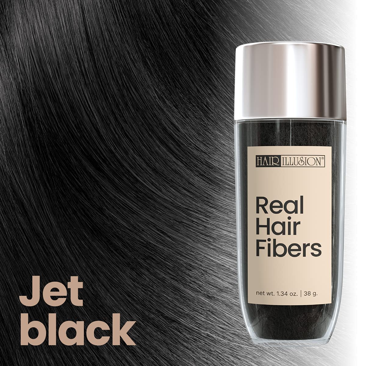 Hair Illusion 100% Natural Human Hair Fibers Not Synthetic for Men and Women, Premium Hair Building Formulation, Large, 38 g Bottle, Jet Black