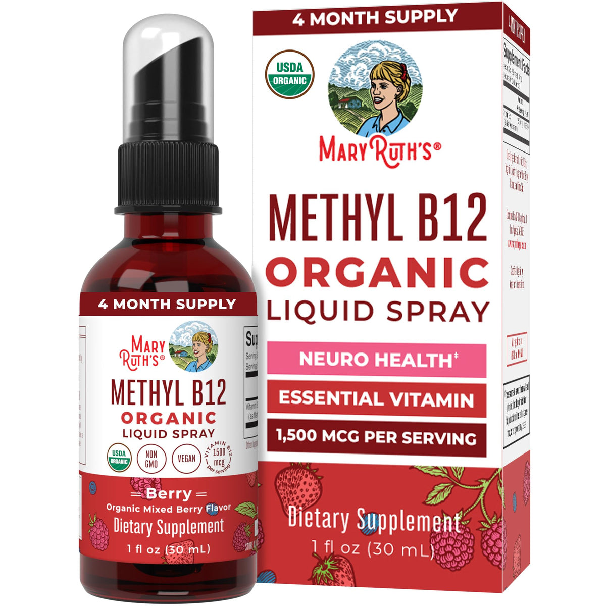 MARYRUTH'S Organic Methyl B12 Spray | 1,500 mcg B12 Per Serving | Methylcobalamin | Energy Metabolism | Cognitive Function | Neuro Health | Vegan | Gluten Free | Sugar Free | 1 Fl Oz